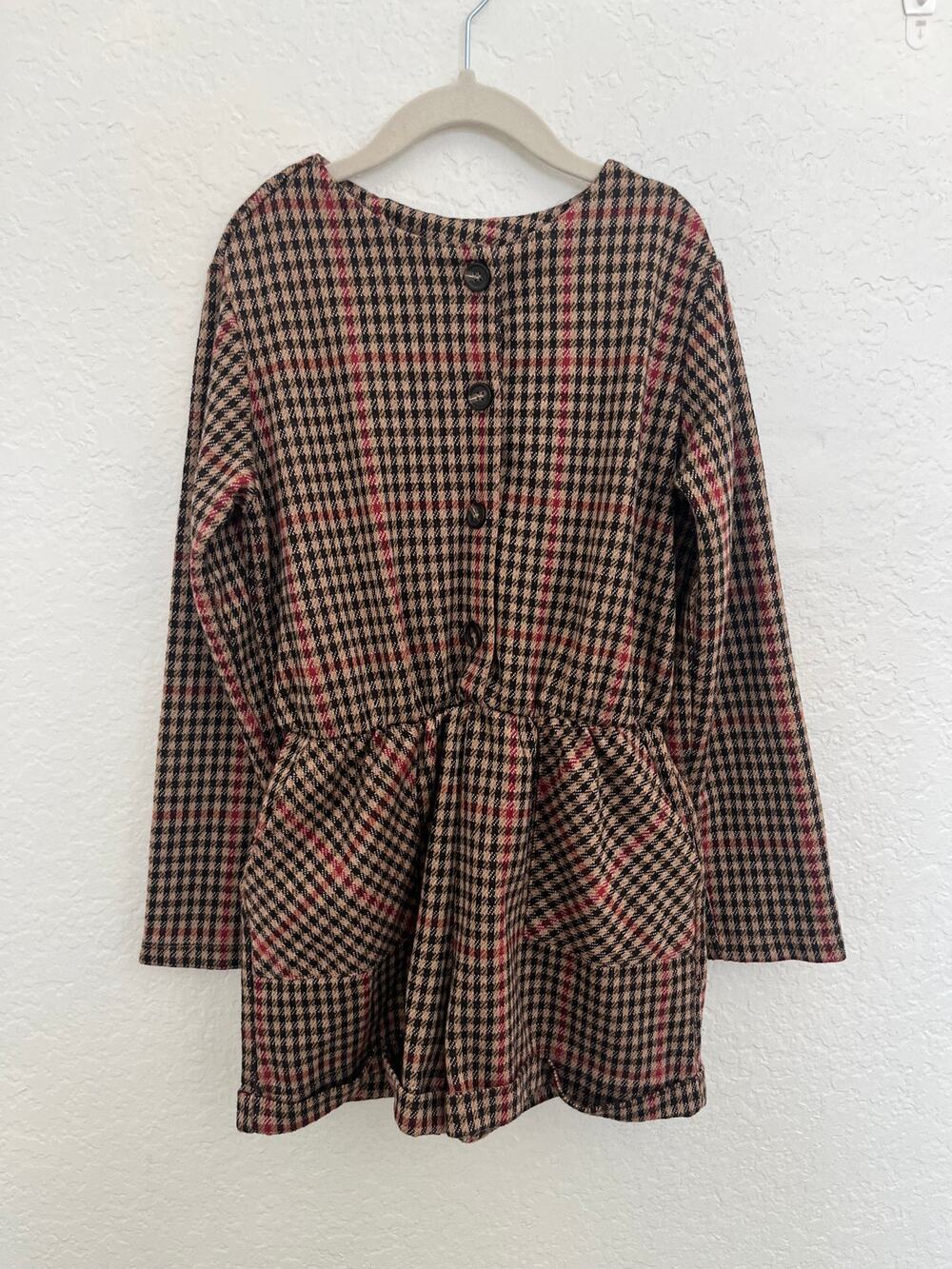 Zara Girls Plaid Romper Size 10 Long Sleeve Button Front Pockets EUC